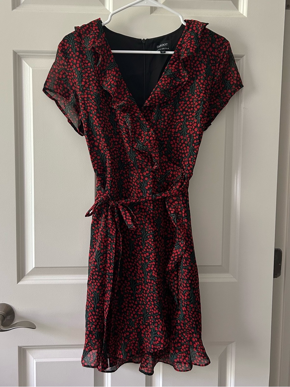 Bardot Black and Red Mini Wrap Dress with Red Floral Cherry Print Size 10
